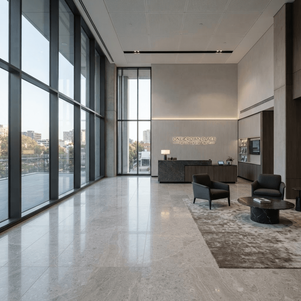Modern building lobby with polished stone floors